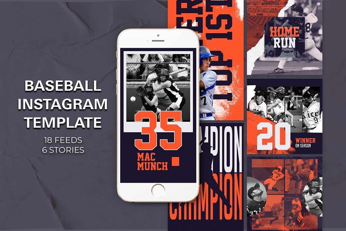 18 feed and 6 stories of baseball instagram template.