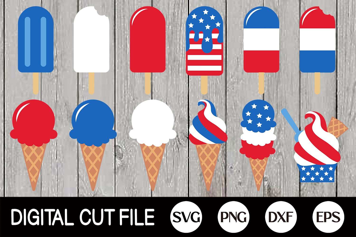 Many different ice creams in patriotic style.