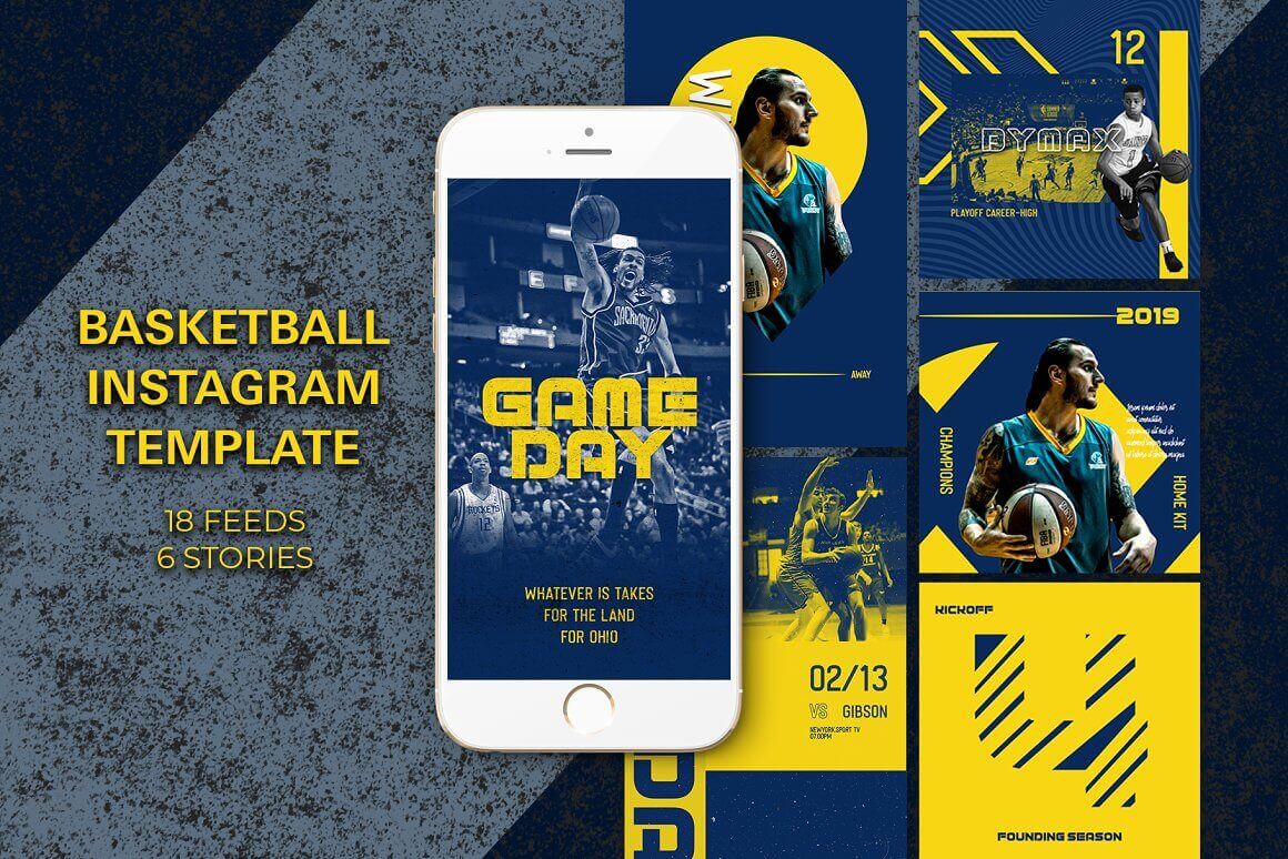 Basketball instagram template with 18 feeds and 6 stories.