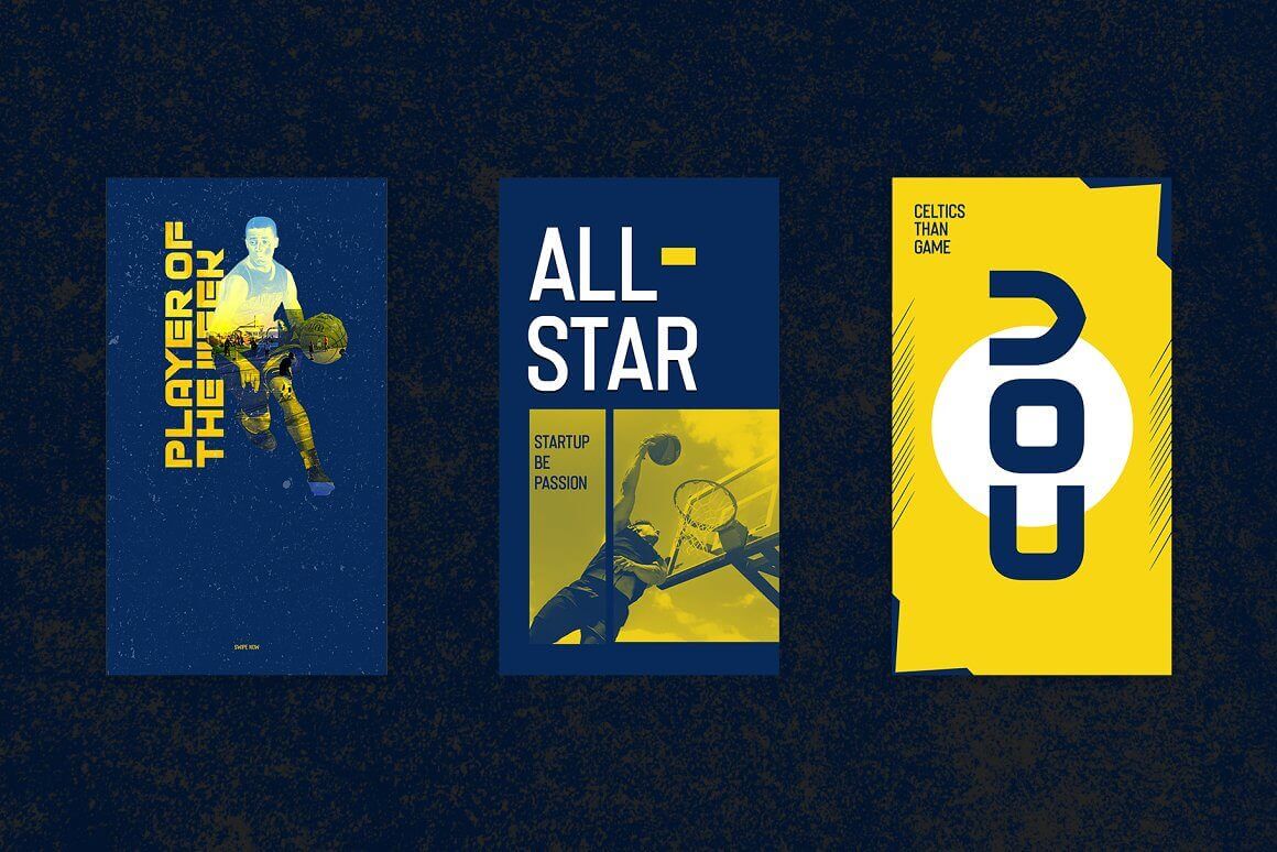Three slides of basketball about player and game on the dark blue background.