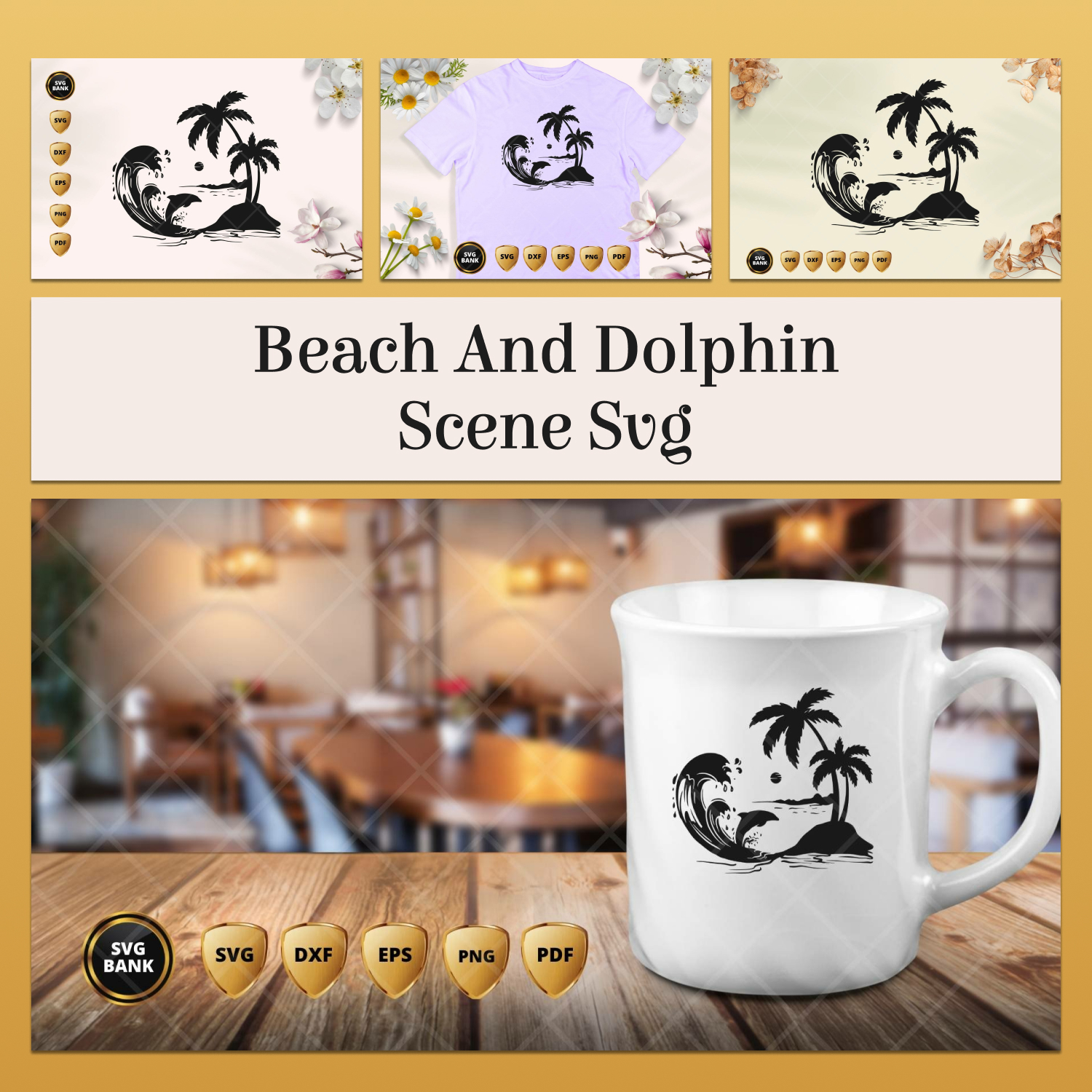 Coffee mug with a picture of a beach and dolphin on it.