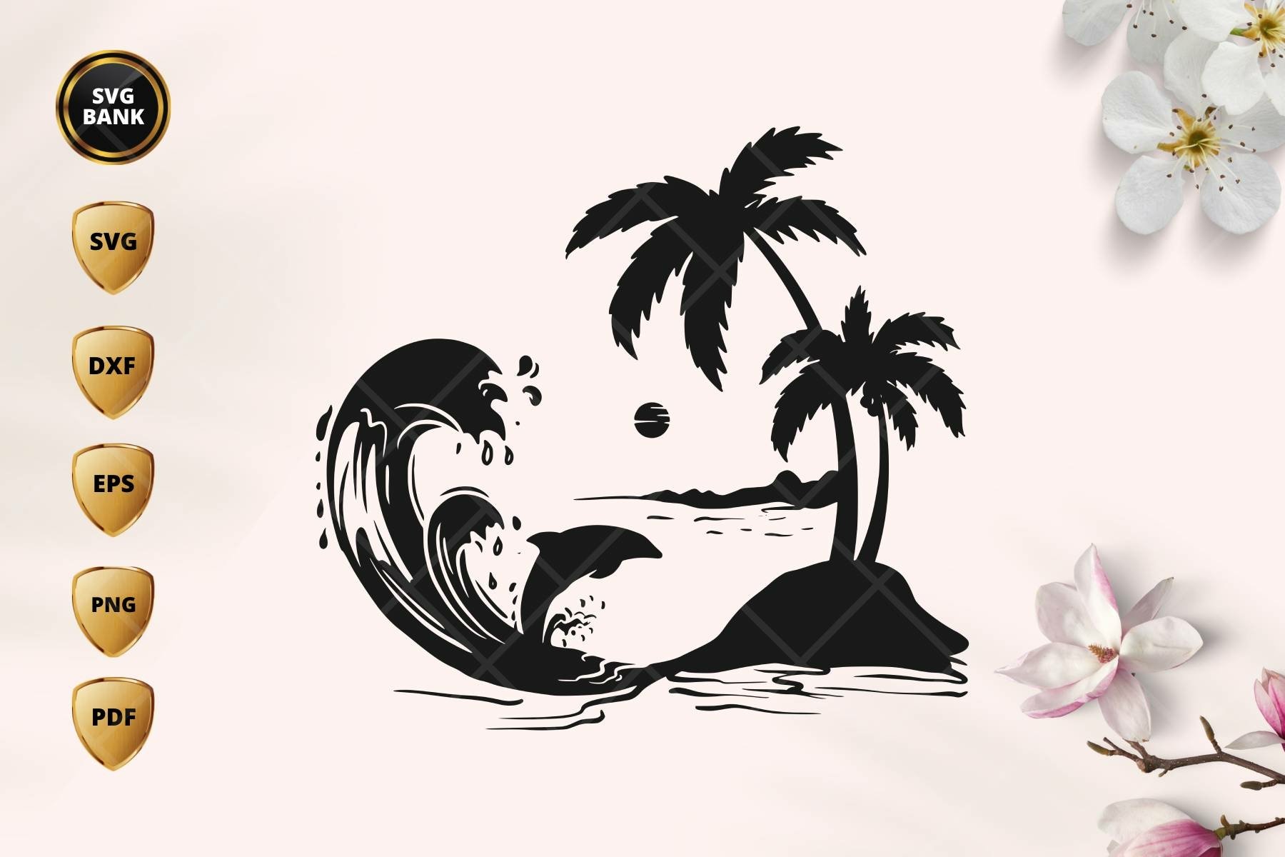 Wall decal with a palm tree and a wave.