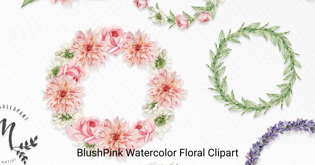 BlushPink Watercolor Floral Clipart - Flower Wreaths..