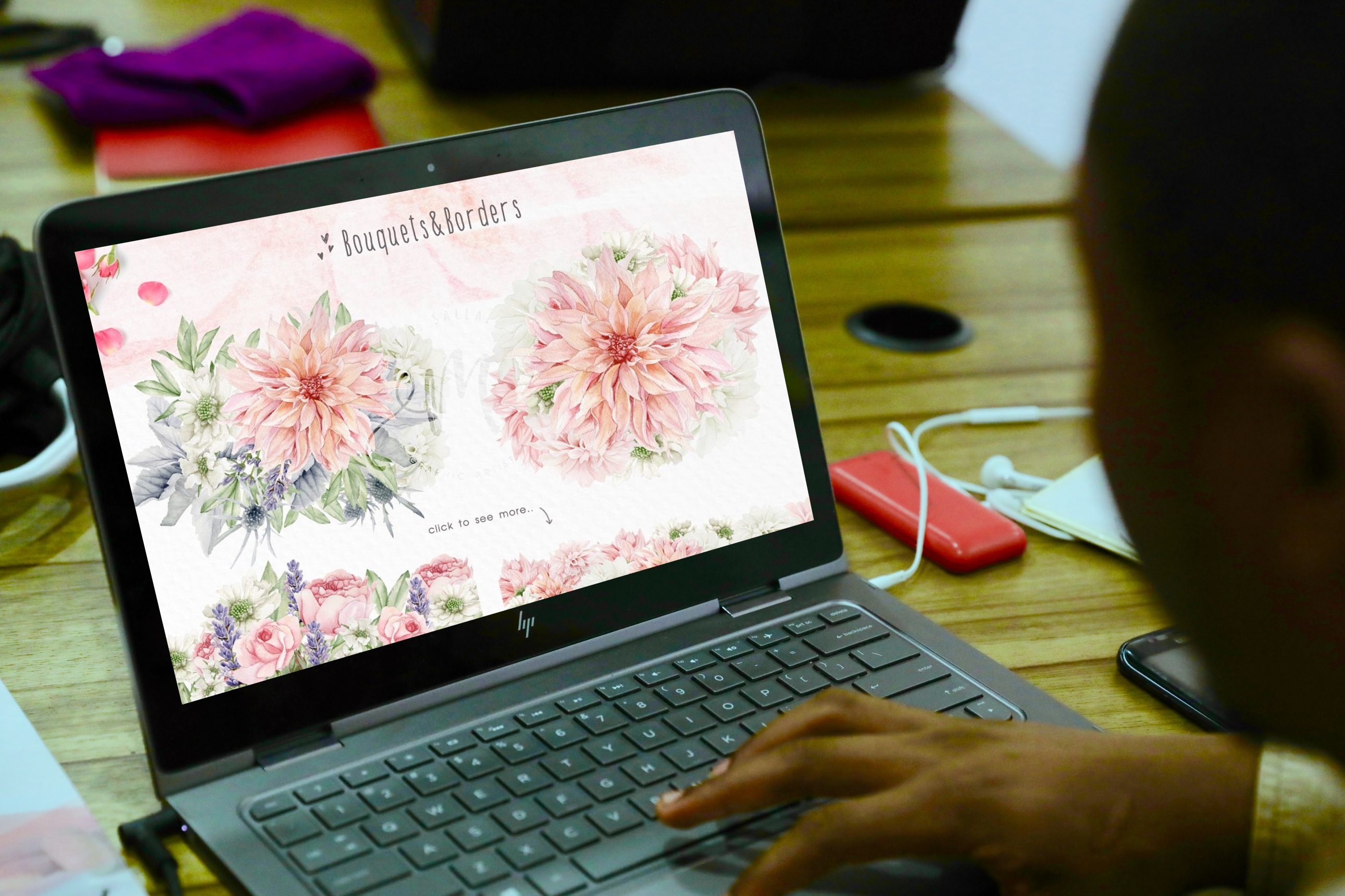 BlushPink Watercolor Floral Clipart - Bouquets&Borders On The Laptop.