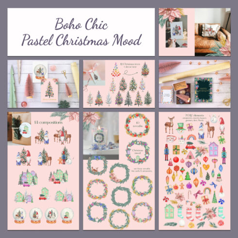 Prints of boho chic pastel christmas mood.
