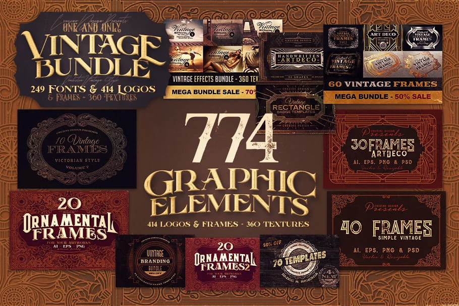 bundle 249 fonts 414 logos, graphic elements.