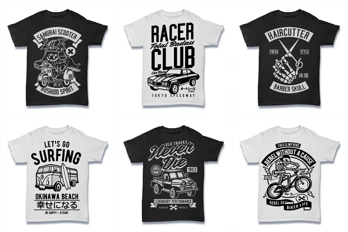 bw tshirt designs bundle with cars and buses.