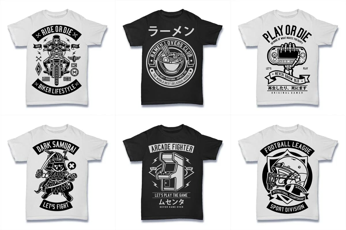 bw tshirt designs bundle with motorcycles and computer games.