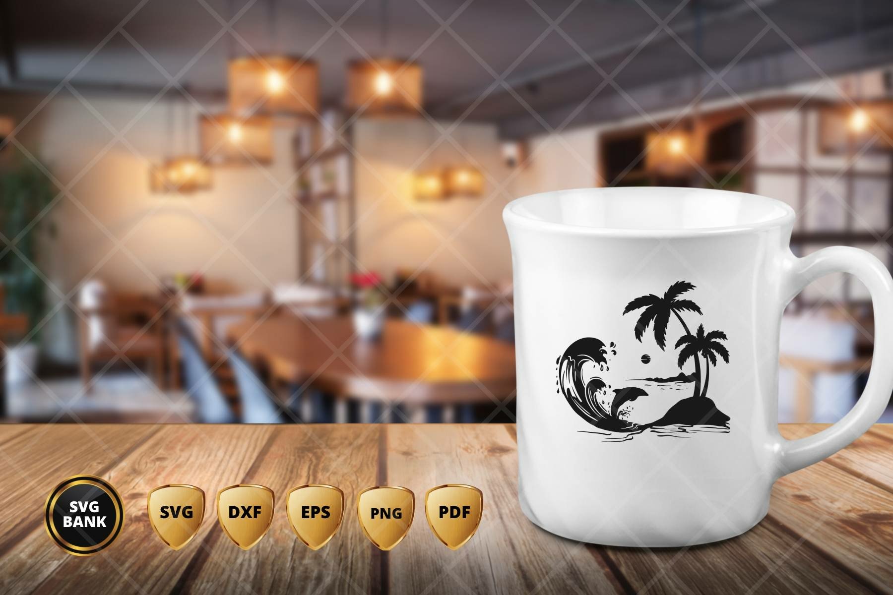 White coffee mug sitting on top of a wooden table.