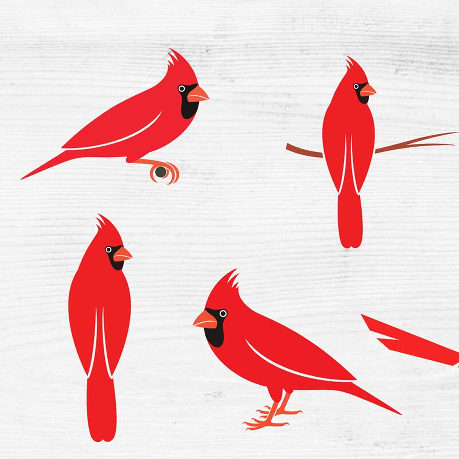 Group of red birds sitting on top of a wooden table.