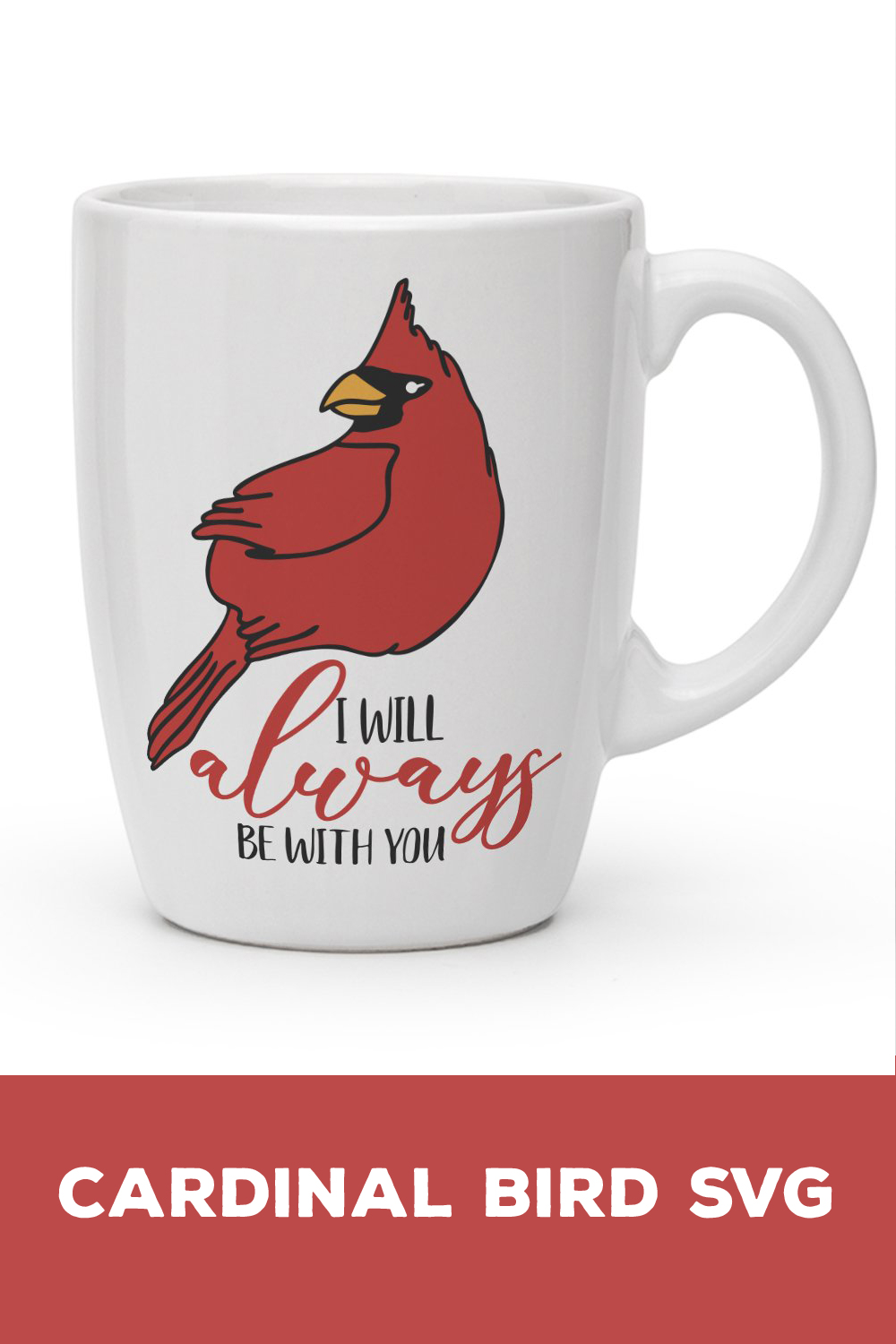 White coffee mug with a cardinal bird on it.