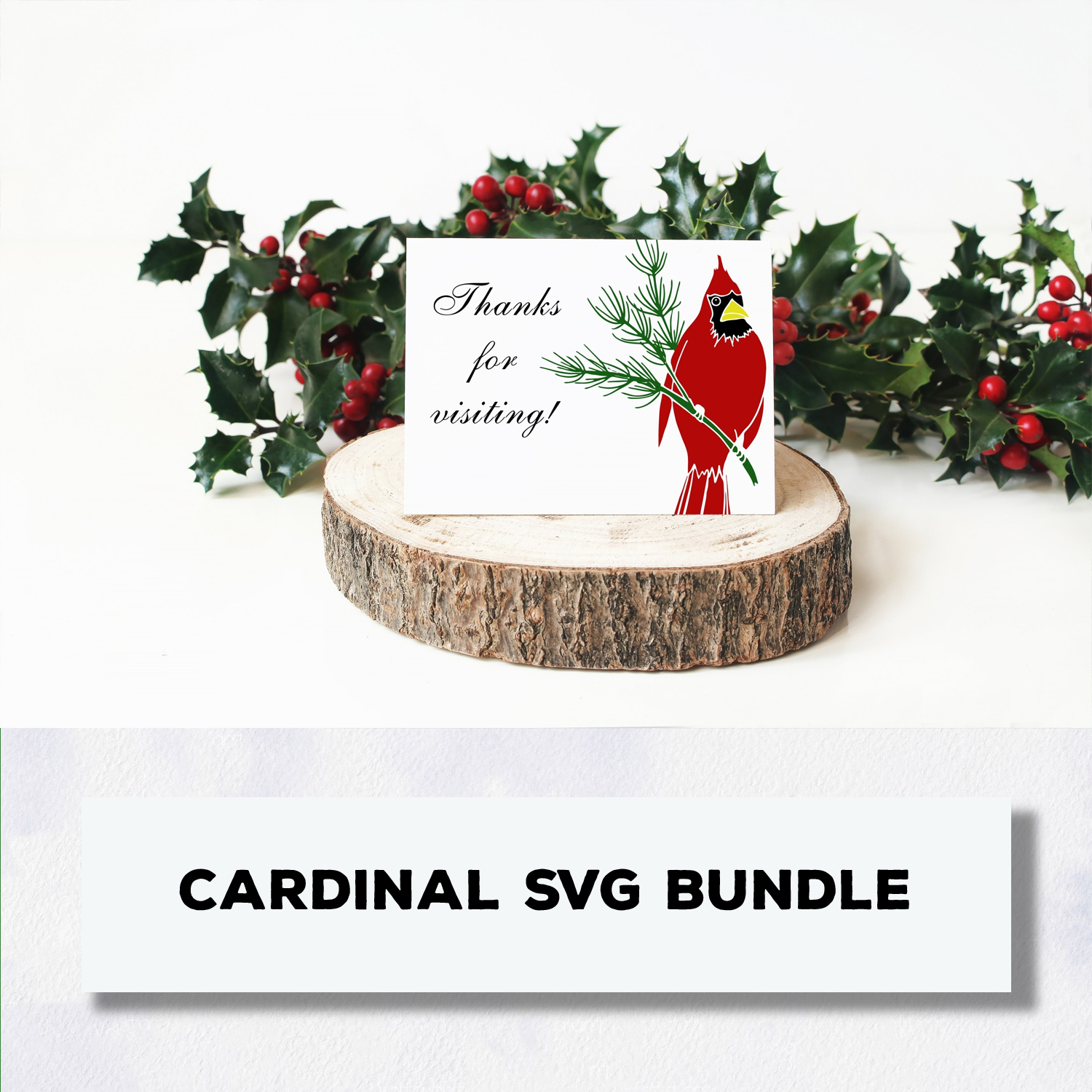 Card with a cardinal sitting on top of a piece of wood.