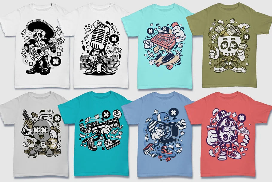 cartoon vector 5 droll t-shirt designs.
