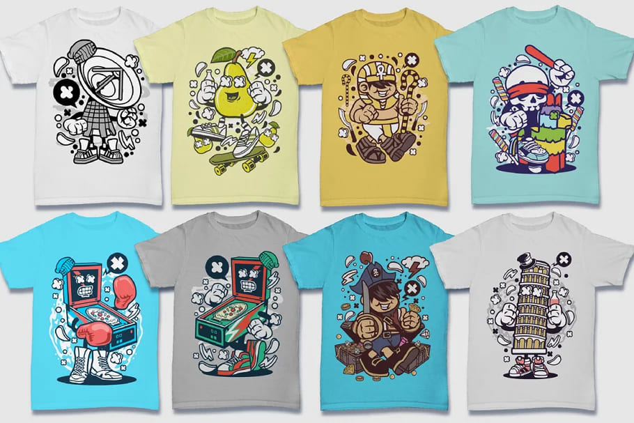cartoon vector 5 ludicrous t-shirt designs.