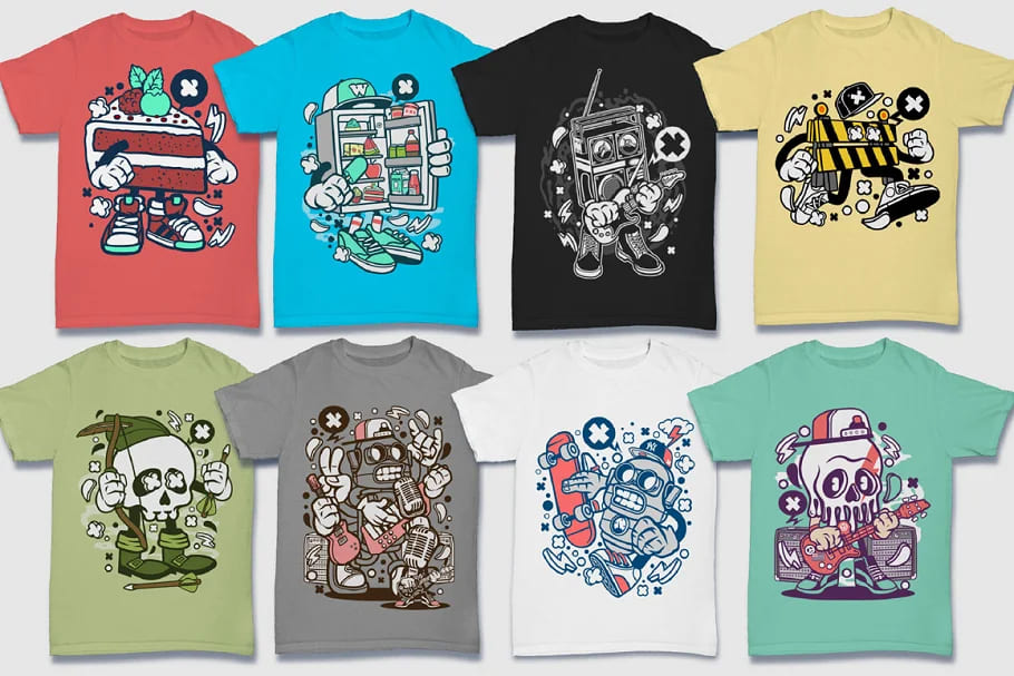 cartoon vector 5 playful t-shirt designs.