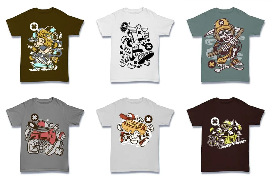 cartoon vector tshirt design bundle, droll designs.