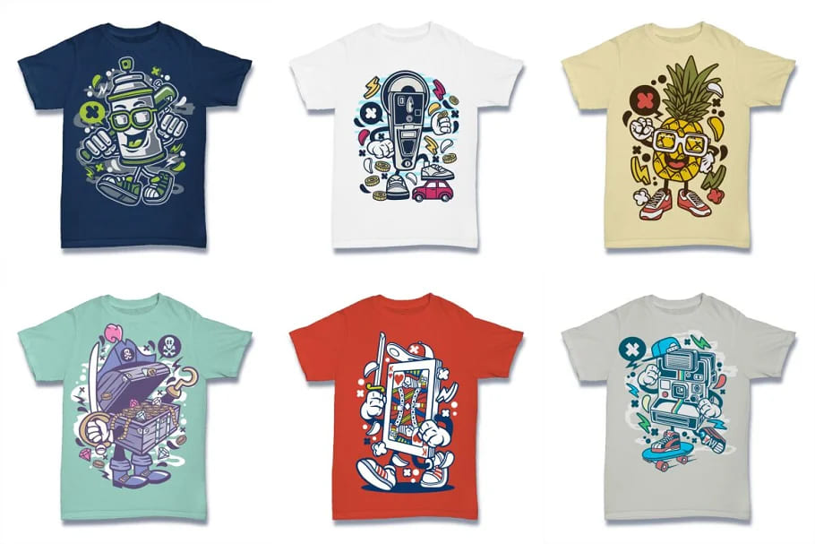 cartoon vector tshirt design bundle, playful designs.