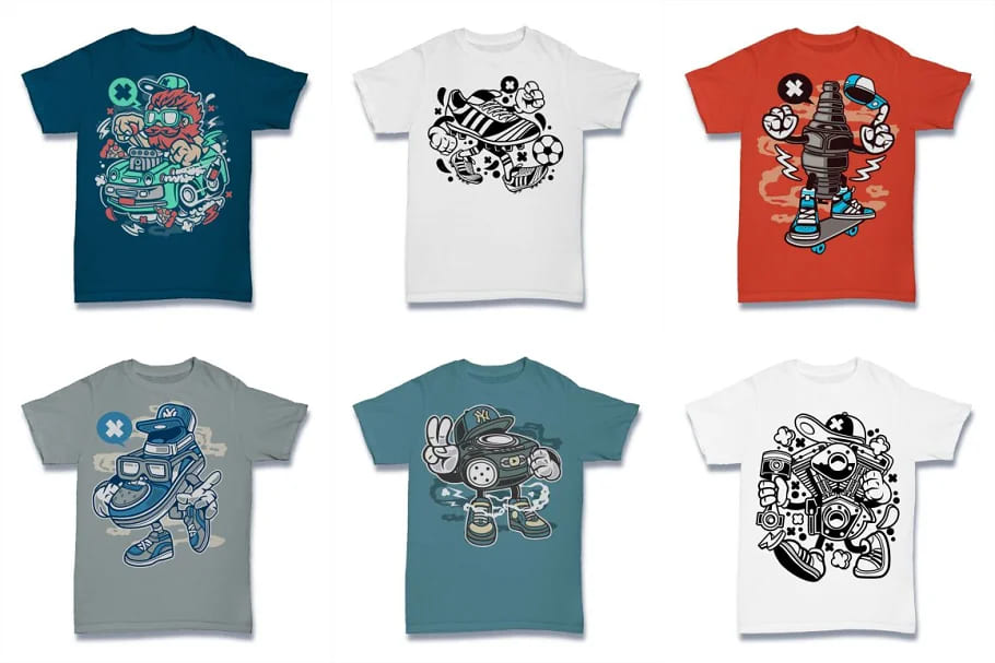 cartoon vector tshirt design bundle, whimsical designs.