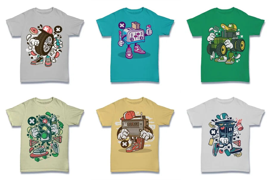 cartoon vector tshirt design bundle, jolly designs.