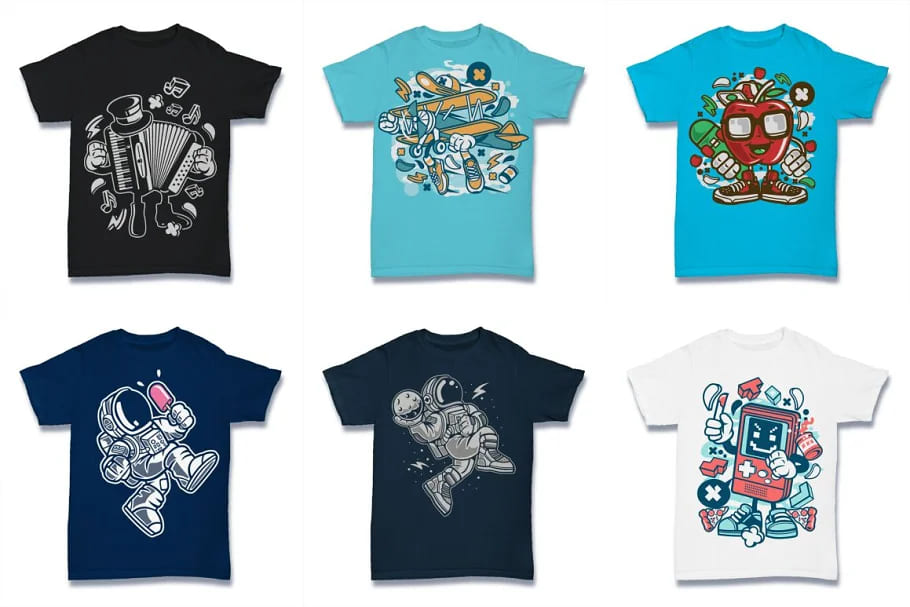 cartoon vector tshirt design bundle with astronauts and planes.