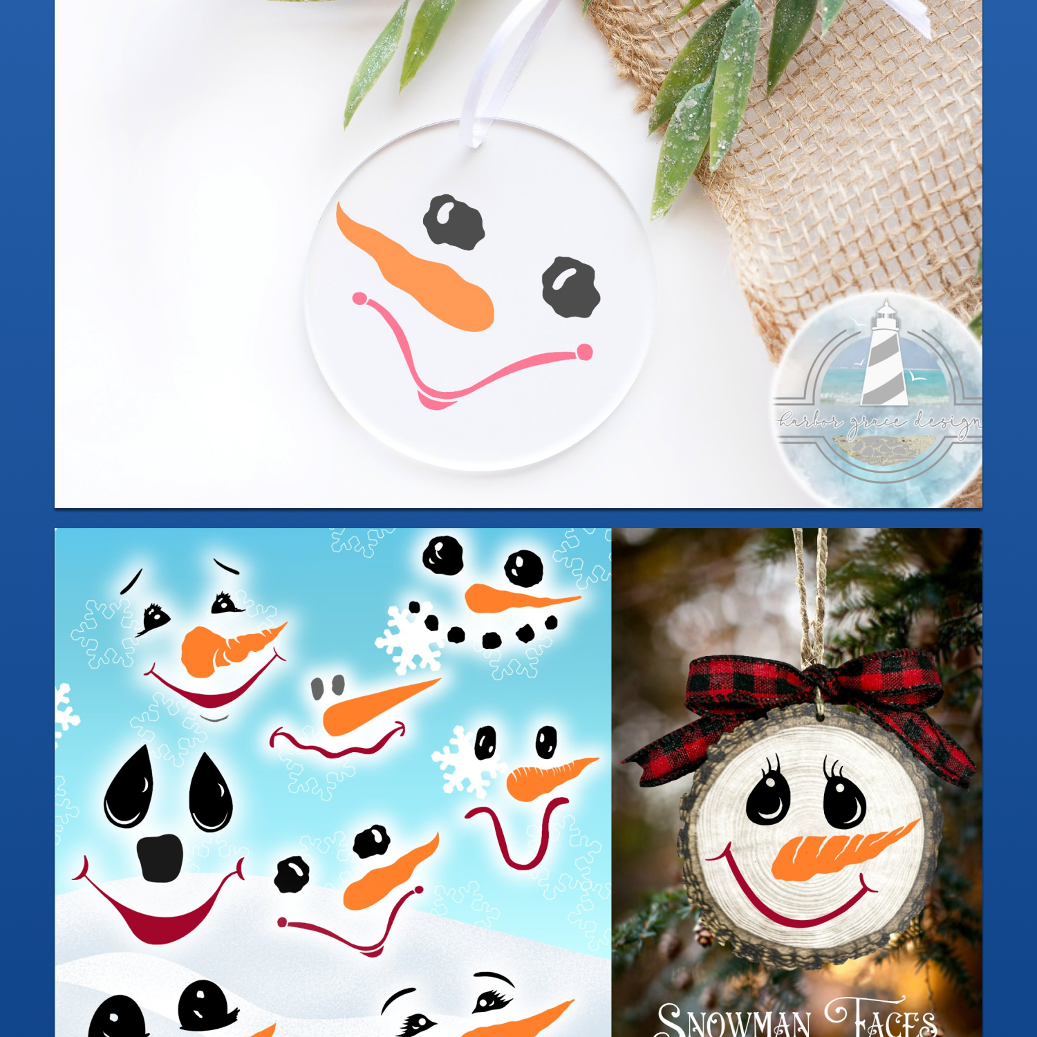 Christmas ornament snowman faces svg bundle preview.