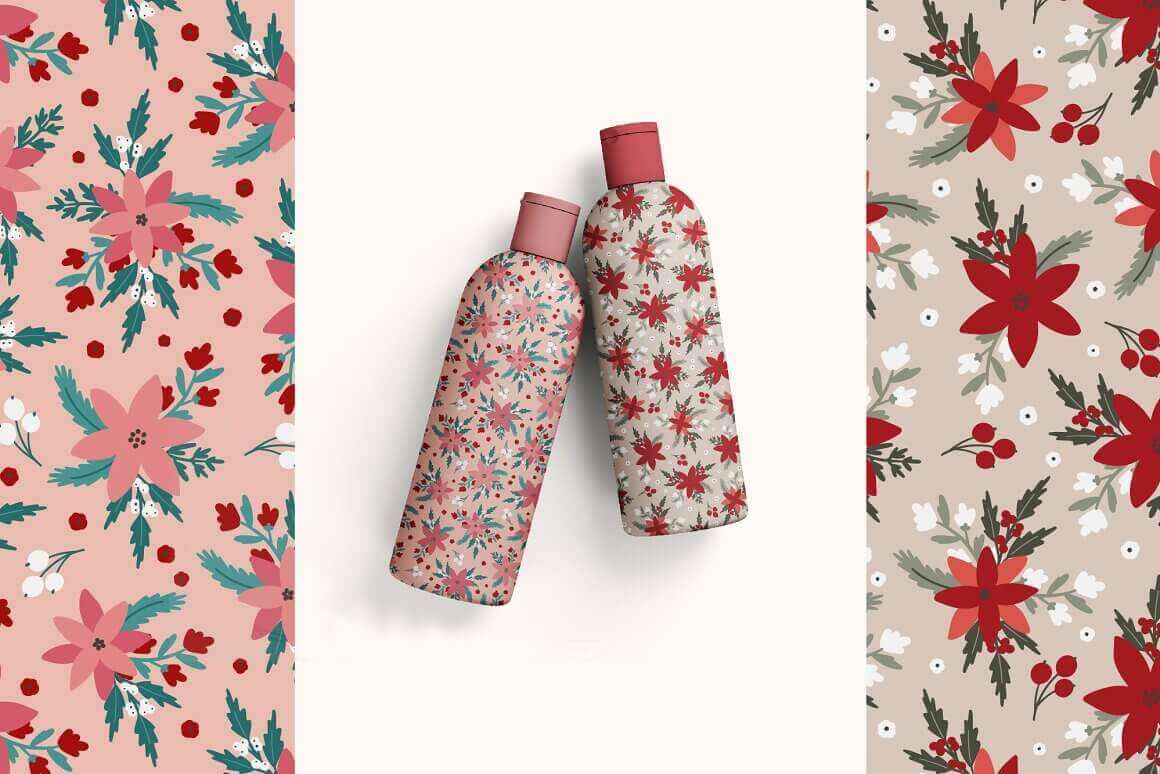 Two pink bottles, one bottle has a seamless pattern with red flowers and the other bottle has dark pink flowers.