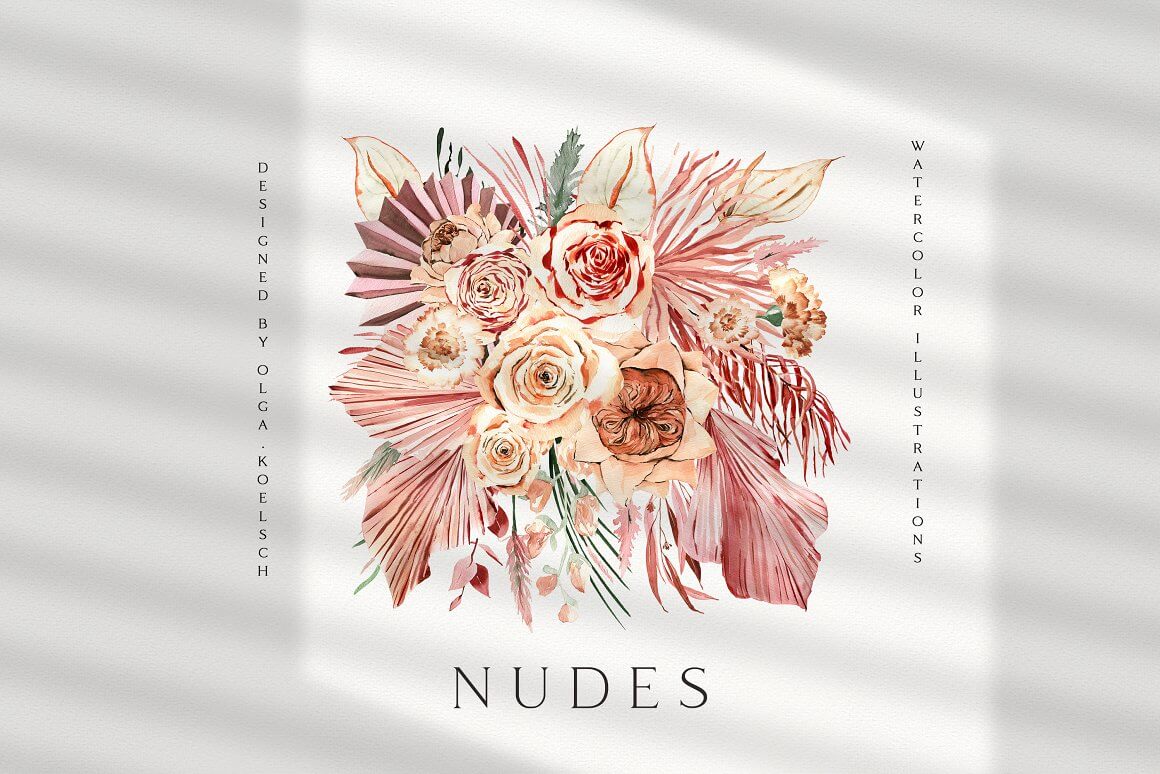 Inscription Nudes watercolor illustrations and picture with roses.