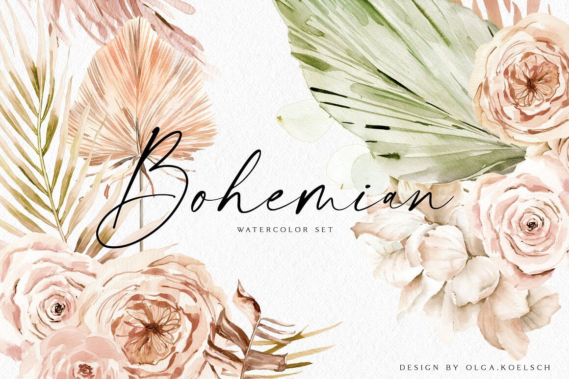 Bohemian watercolor set on the white with flowers background.