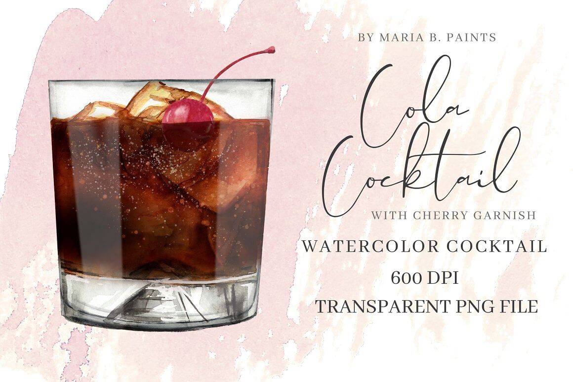 Cola cocktail with cherry garnish.