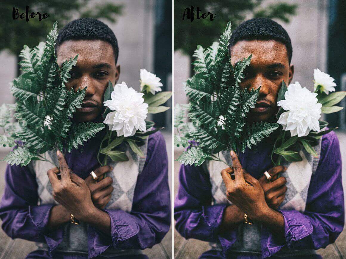 Two identical photos of a man holding flowers, with different lighting.