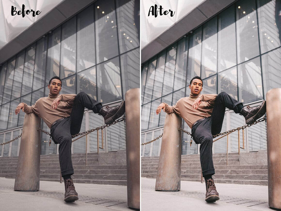 Two identical photos with a man sitting on an iron chain, with and without color correction.