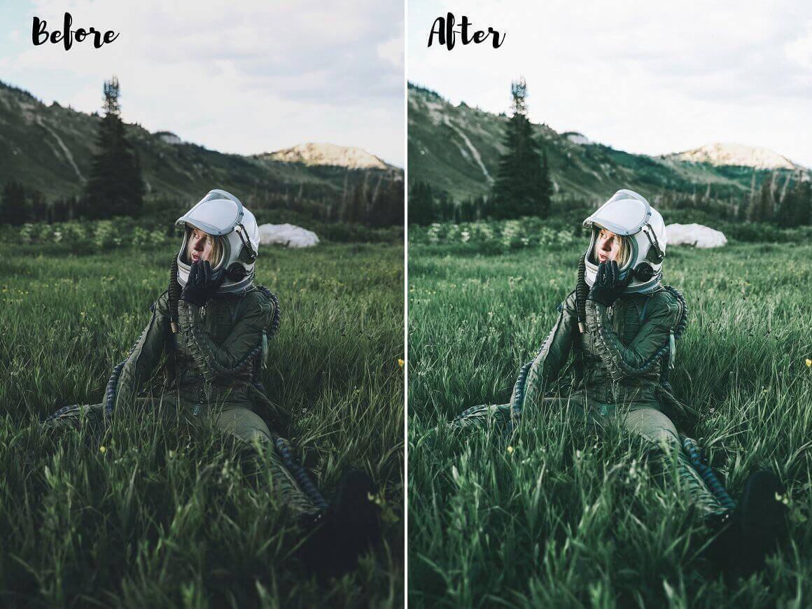Two identical photos with a girl in a helmet with and without color correction.