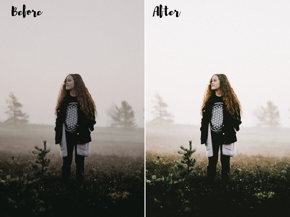 Two identical photos with a little girl with and without color correction.