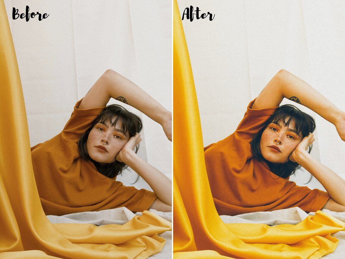 Before and after photo with a girl who lies next to the canvas, with different color saturation.