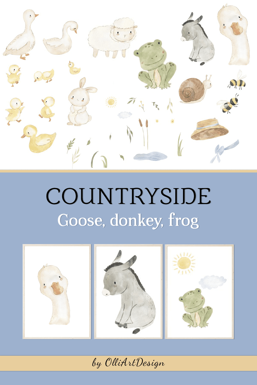 COUNTRYSIDE. Goose, Donkey, Frog pinterest image.
