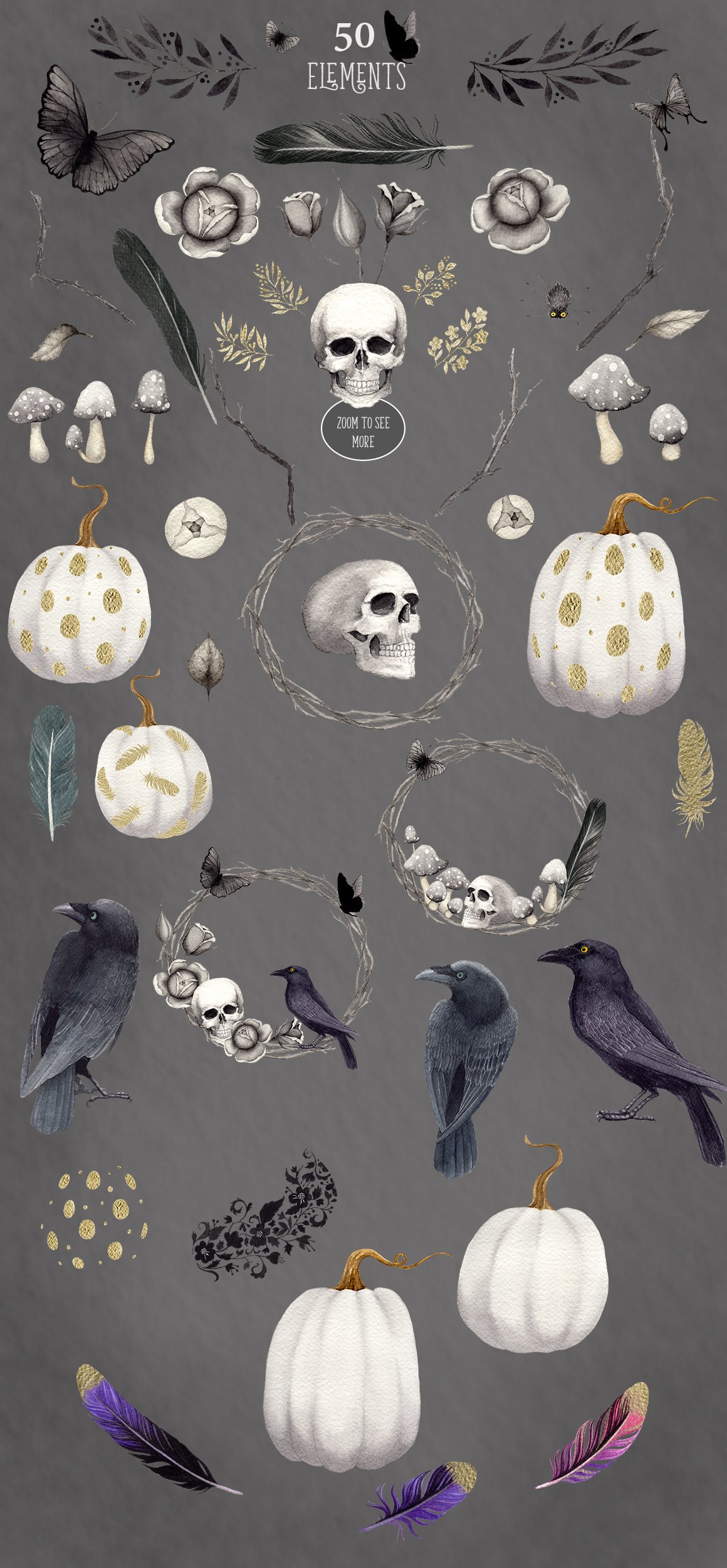 Crows and skulls and other drawings in the style of Halloween.