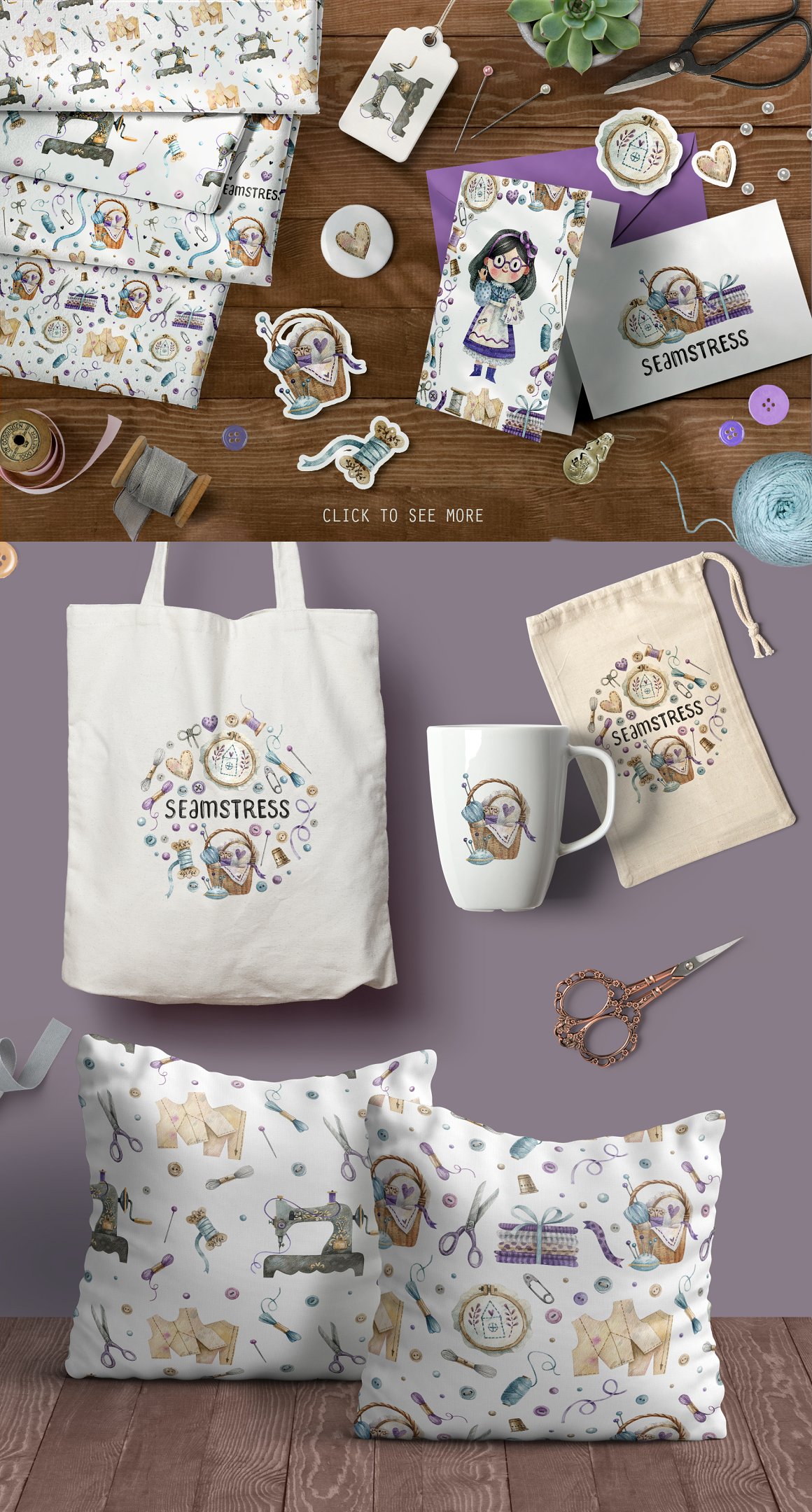 Prints with a theme on bags, cups, etc.