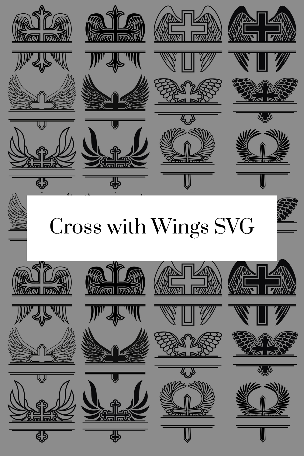 Black and white images with crosses with angel wings.