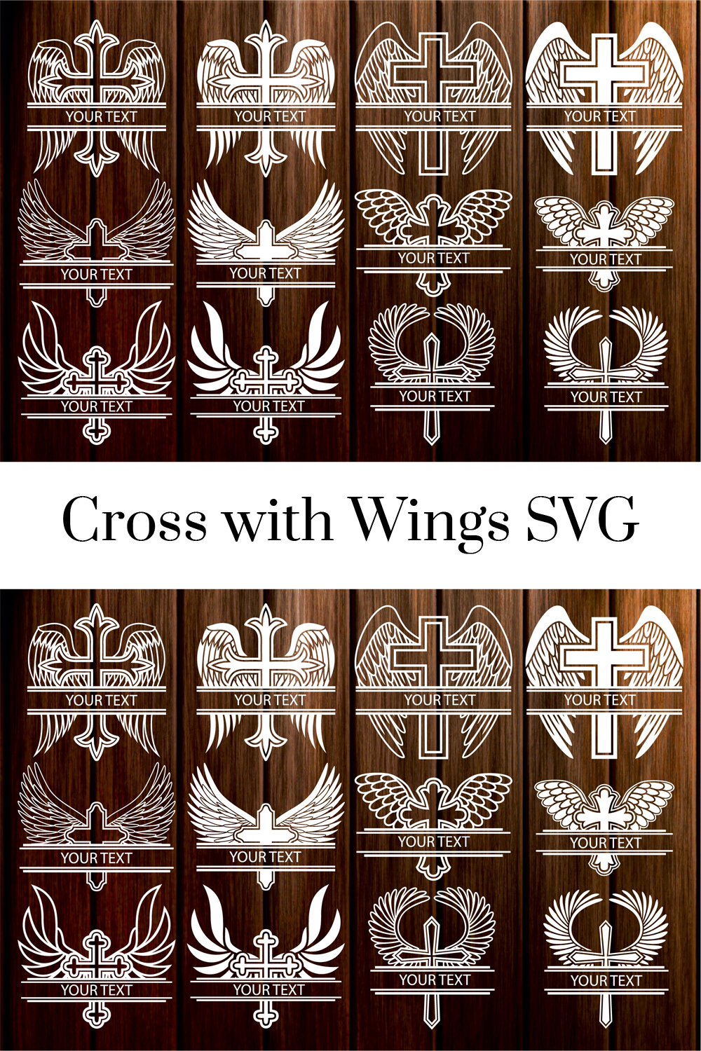 Crosses on a wooden background with angelic attributes.
