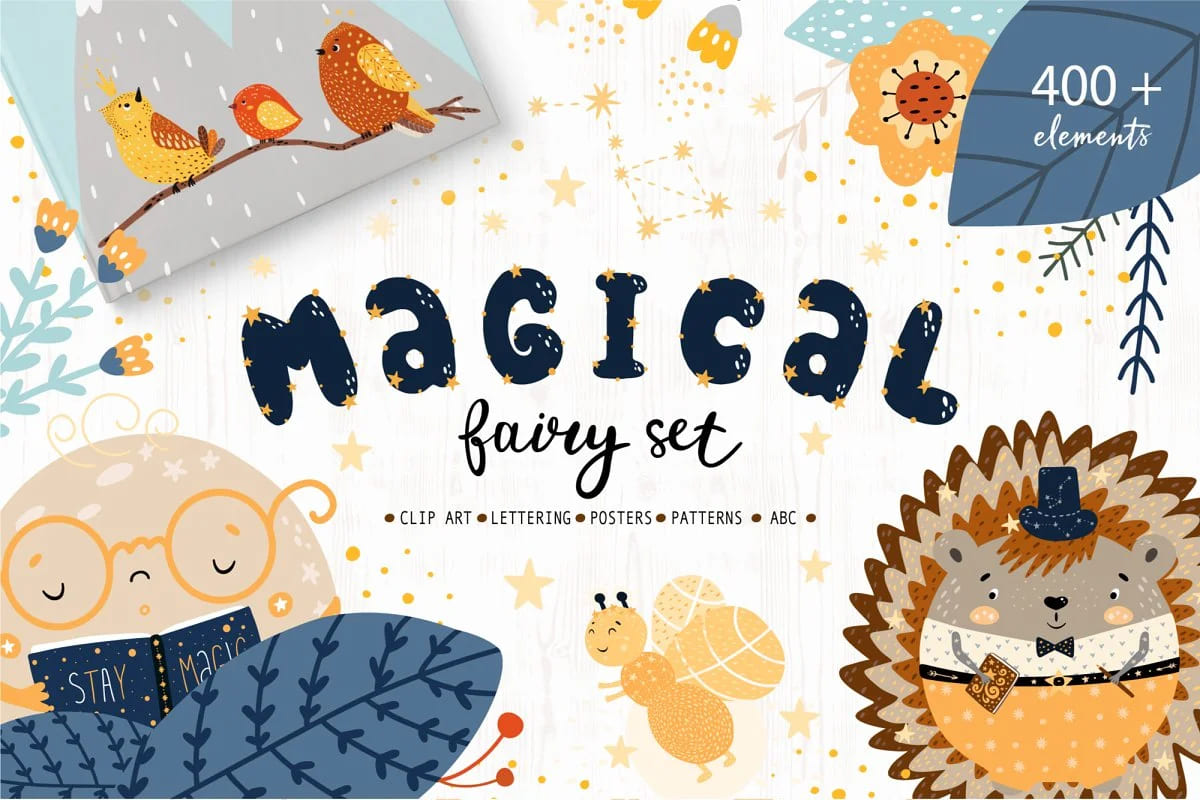 cute kids bundle baby animal clipart, magical fairy set.