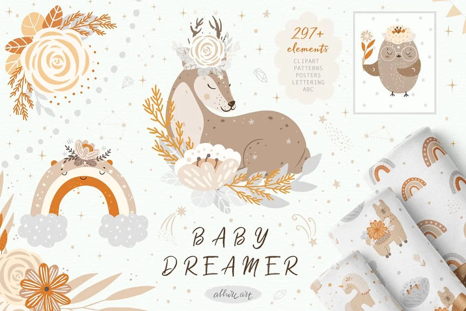 cute kids bundle baby animal clipart, baby dreamer.