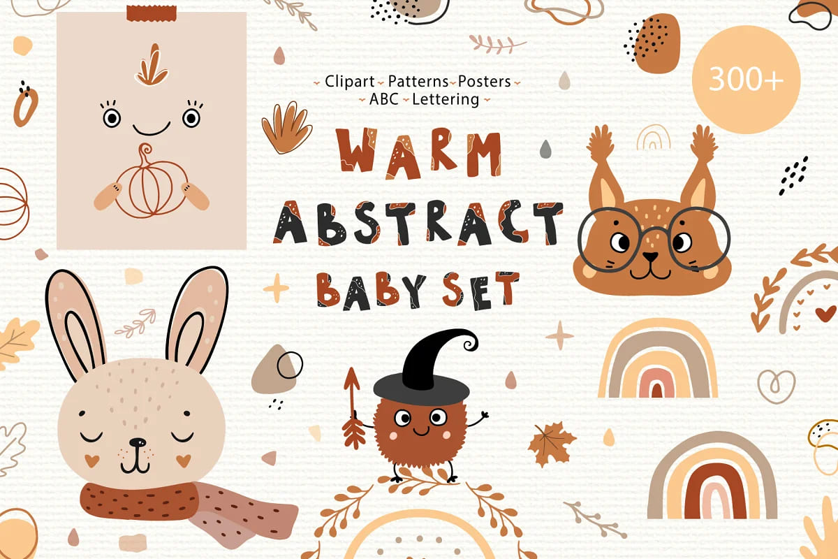 cute kids bundle baby animal clipart, warm abstract baby set.