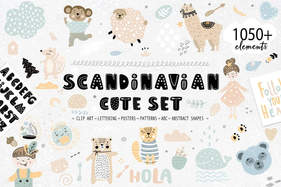 cute kids bundle baby animal clipart, scandinavian cute set.