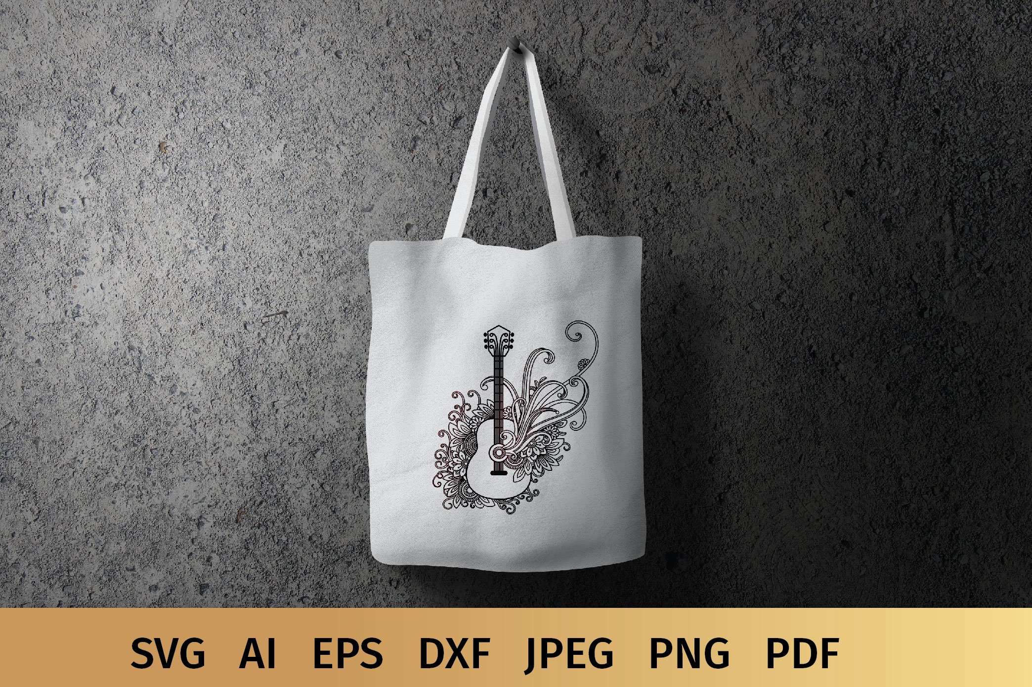 A wonderful white bag on a dark background with a guitar print.