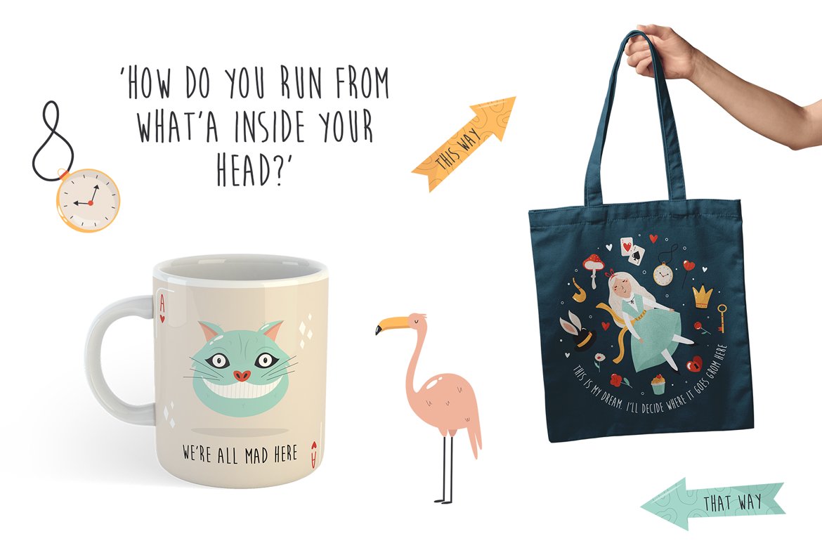 Preview images on the theme of fairy tales on a bag, cup and more.