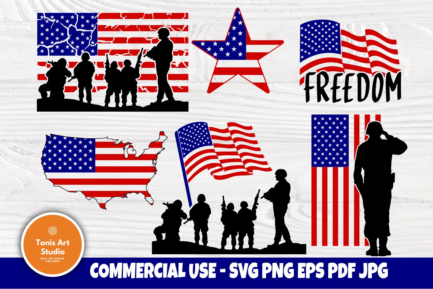 Many US flag and military print options.