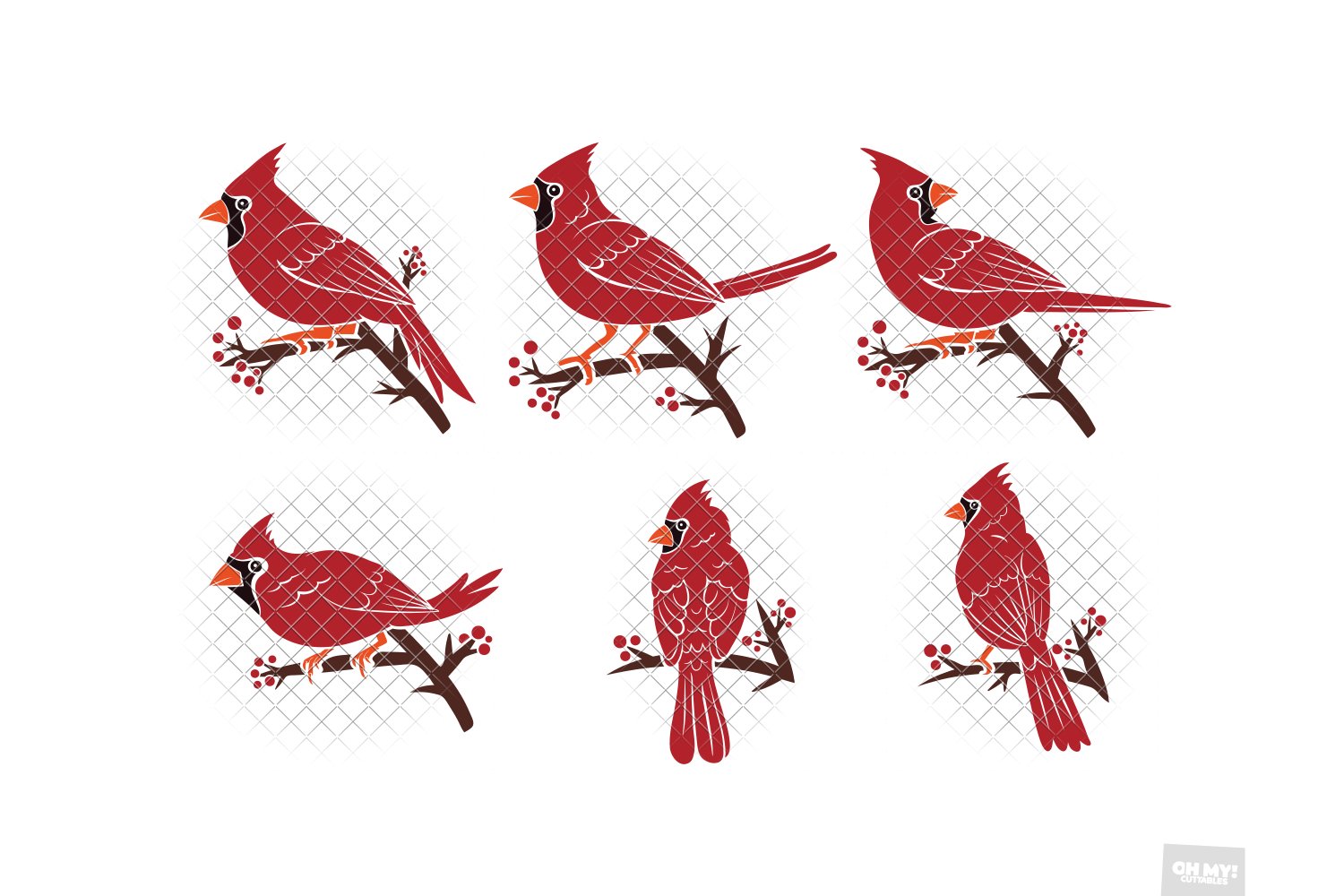 Set of six red birds sitting on top of a tree branch.