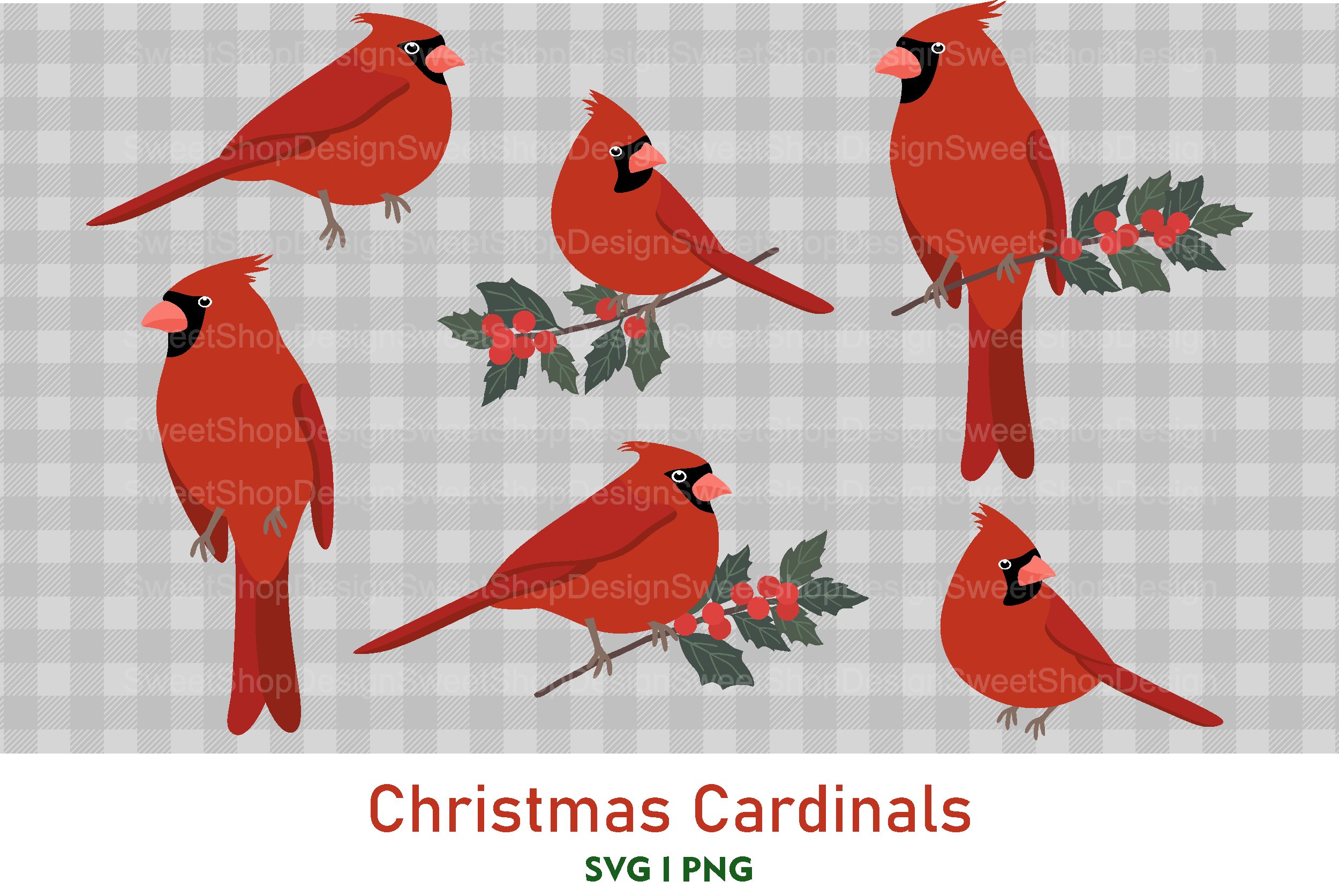 Set of four cardinals sitting on a branch with holly.