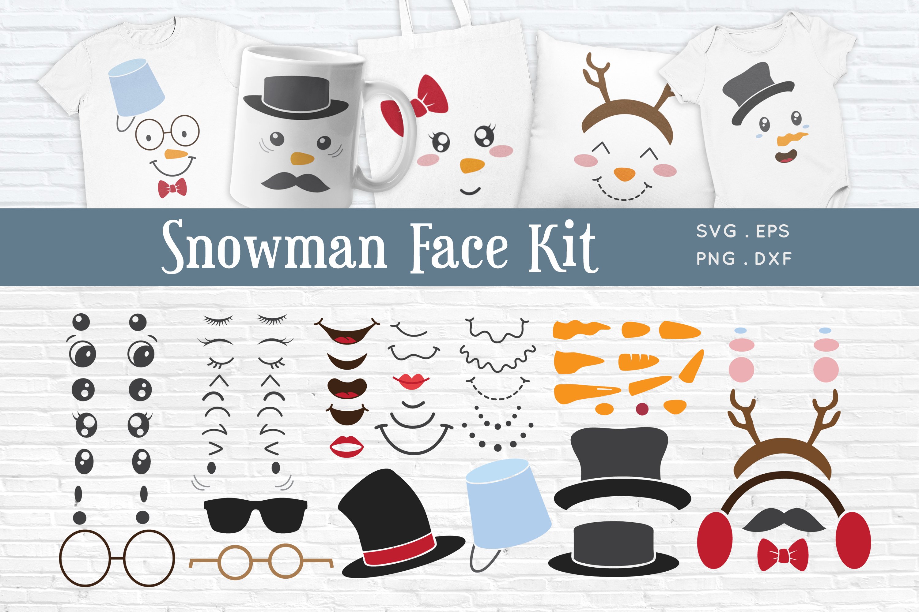 Faces and hats for snowmen on prints.
