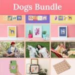 Several images from the dog bundle series are drawn on a light peach background.